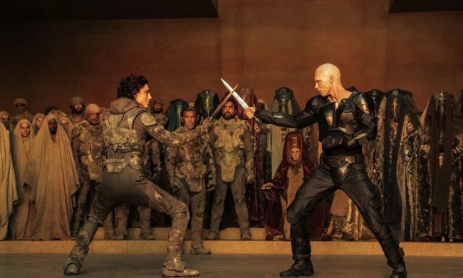 Timothée Chalament and Austin Butler as Paul and Feyd-Rautha having a knife duel in Dune: Part Two.